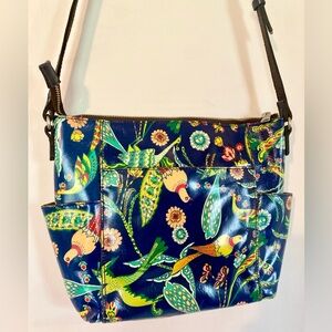 Patricia Nash Bird of Paradise Crossbody Leather Bag Purse Navy Floral EUC
